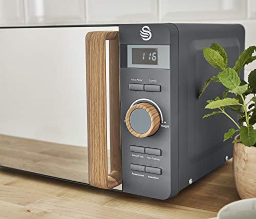 Swan Nordic Set Desayuno Hervidor de agua 1,7L 2200W, Tostadora Pan ranura ancha 2 rebanadas, Microondas 20L digital, diseño moderno, efecto madera, gris