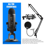 Blue Microphones Micrófono Yeti Azul (apagón) con Soporte de Brazo Knox, Filtro Pop y Paquete de Montaje de amortiguación, USB