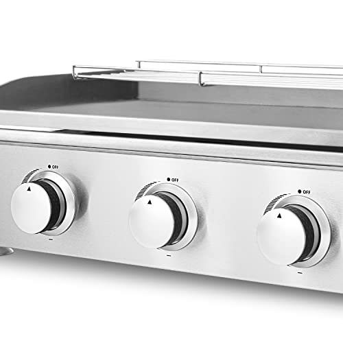 H.Koenig Plancha de asar a gas PLX930 3 quemadores U Acero inoxidable, Alimentación de gas propano o butano, Distribución uniforme del calor, Temperatura regulable hasta 350°C, Pies antideslizantes