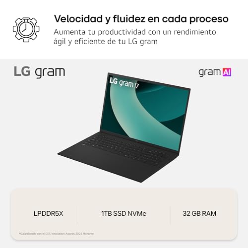 LG gram 17Z90TL-G.AU88B Ordenador Portátil 17 Pulgadas Intel Core Ultra7 258V, 32 GB RAM, 1TB SSD, Panel IPS Antirreflejo, WQXGA, 1.460 g, 24.5 Horas, Windows 11 Home, Negro, Teclado QWERTY Español