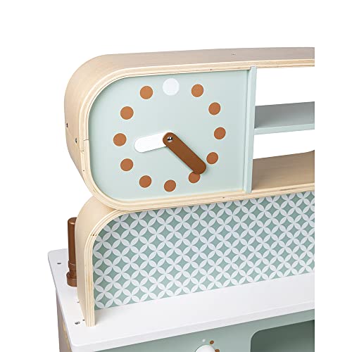 Janod - Cocina de doble cara- Cocina de madera para niños Recto-Verso - Cocina con luz y sonido - Con 7 accesorios - De 3 a 8 años, J06594