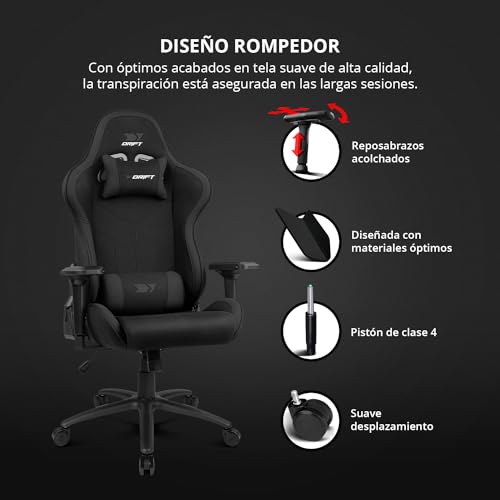 DRIFT GAMING DR110 - Silla Gaming Profesional, Tejido Fabric Alta transpirabilidad, reposabrazos 4D, Ruedas silenciosas, pistón Clase 4, inclinación, cojín Lumbar y Cervical, Color Negro