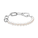 PANDORA ME Pulsera de eslabones de plata de ley con perlas blancas cultivadas en agua dulce, 1