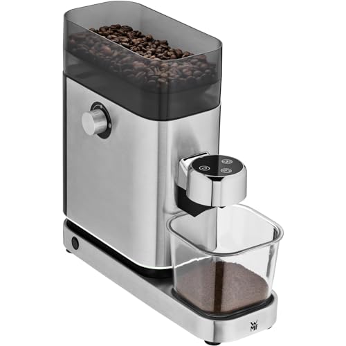 WMF Lumero - Molinillo de café espresso eléctrico, 150 W, botones táctiles LED, 40 grados de molienda, contenedor de harina de café, acero inoxidable Cromargan mate