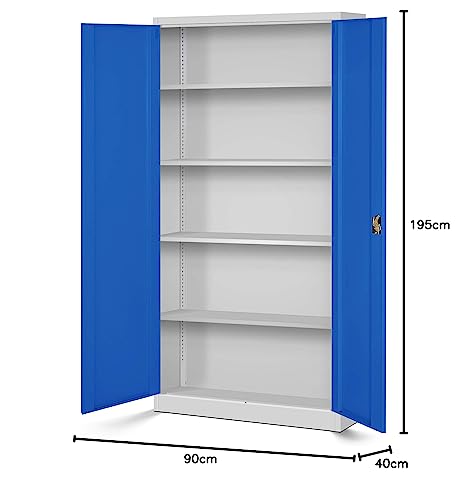 Juego de 4 Armario de Oficina Archivador Armario de Herramientas Metálico 4 Estantes con Recubrimiento de Polvo Se Puede Cerrar 195 cm x 90 cm x 40 cm (Gris-Azul)