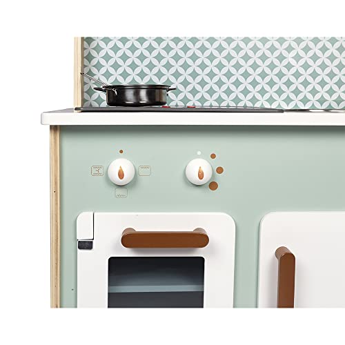 Janod - Cocina de doble cara- Cocina de madera para niños Recto-Verso - Cocina con luz y sonido - Con 7 accesorios - De 3 a 8 años, J06594