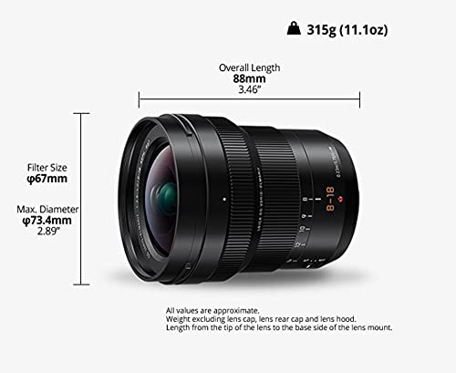 Panasonic LEICA DG VARIO-ELMARIT H-E08018 - Objetivo Gran angular para cámaras de montura M4/3 (Focal 8-18 mm, F2.8-F4, lentes asféricas, tamaño filtro 67 mm, resistente agua/polvo/congelación), negro