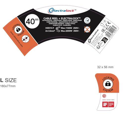 Electraline 49248 Alargador con Enrollacables 40 m, Sistema Antidesconexión Electralock, 2 x 1,5 mm², Negro y Naranja