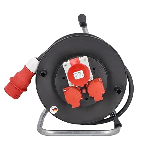as - Schwabe enrollacables CEE de 25 m H07RN-F 5G1,5-2 Tomas de Tierra de 230 V, 1 Toma CEE de 5 Polos, 400 V 16 A - con Tapa abatible - para Uso en Exteriores y Obras - IP44, 10155