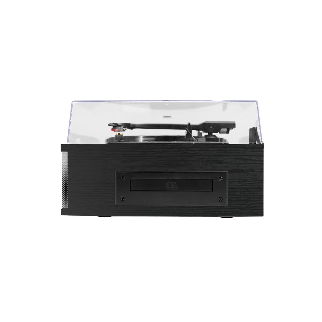 Platino Vinilo Halterrego Todo en uno con 2 HP Integrados/Tapa, RMS 2 x 8 W, 3 velocidades, Reproductor de CD, BT in, Radio FM, Aux in, RCA out, Color Negro