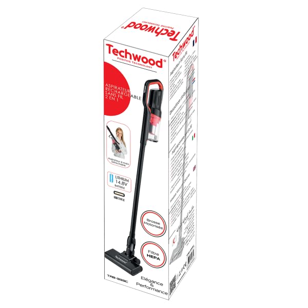 Techwood Mano Inalámbrica, 14.8V, 2 Velocidades, Batería de Litio 2000mAh, Filtro HEPA, 600ml TAB-339C Aspirador Escoba, 120 W, 600 milliliters, 76 Decibeles, Negro Y Verde