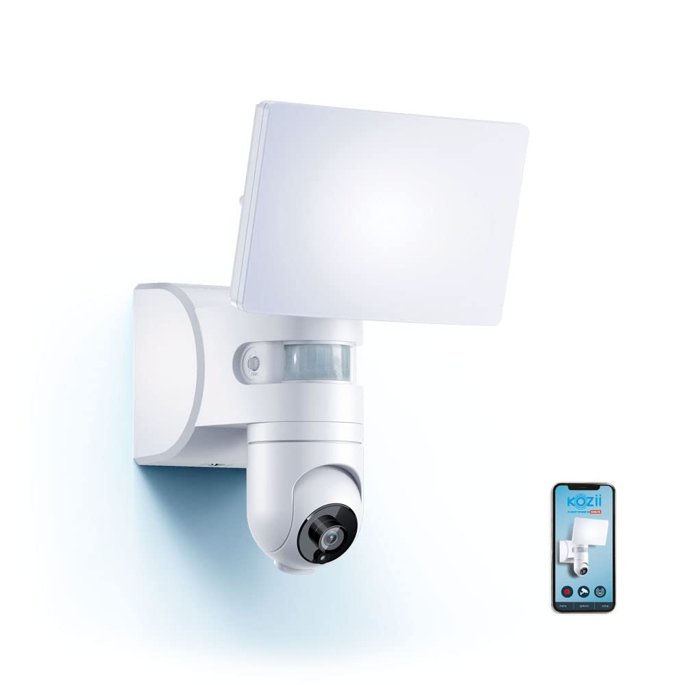 KOZII, Proyector de Pared Conectado con cámara integrada, Detector de Movimiento, 2200 lúmenes, Blanco frío, Ideal para Seguridad Exterior, fácil de Instalar, Compatible con Aplicaciones Smart Home