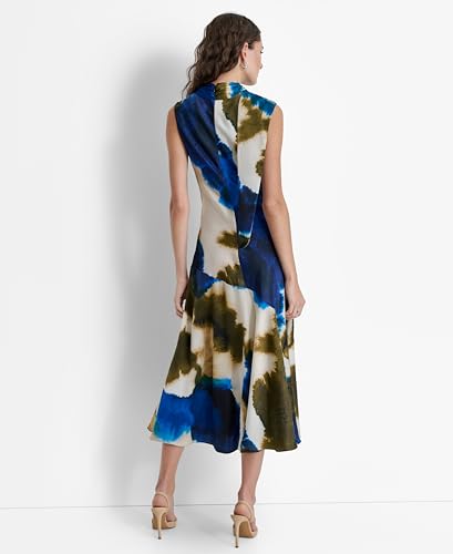 DKNY Sleeveless Printed Tie Neck Vestido, Remolino de Tinta explotado, M Mujeres