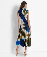 DKNY Sleeveless Printed Tie Neck Vestido, Remolino de Tinta explotado, M Mujeres