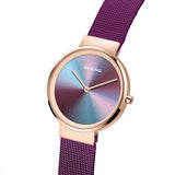 BERING 35036-367 Reloj de Cuarzo para Mujer con Caja de Acero Inoxidable de 36 mm con Acabado en Oro Rosa y Esfera Azul, Correa milanesa, Cristal de Zafiro y Resistencia al Agua de 5 ATM