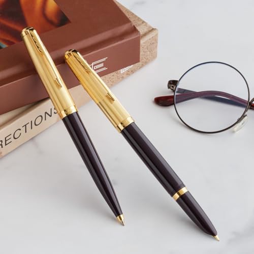 Parker 51 pluma estilográfica | cuerpo de lujo de color ciruela con adorno dorado | plumín fino de 18 K con cartucho de tinta negra | estuche de regalo