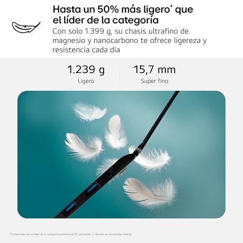 LG gram 16Z90T-G.AD88B Portátil 16 Pulgadas, WQXGA IPS, Intel Core Ultra7, 3GB RAM, 1TB SSD, 1.199 g, Antirreflejo, Batería hasta 22.5h, Windows 11, Negro