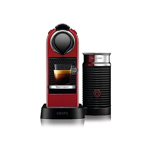 Krups Nespresso Citiz & Milk XN7615 - Cafetera de cápsulas monodosis, con 19 bares de presión, thermoblock, capacidad 1L, función automática, con Aeroccino, color Rojo, incluye pack de bienvenida