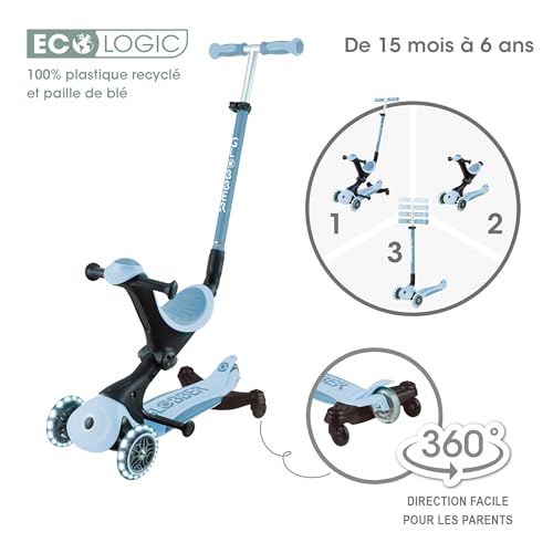 Globber - GO•UP Deluxe Lights Eco 360 - Patinete evolutivo de 3 Ruedas con Asiento Giratorio 360°, reposapiés, Luces LED y Materiales sostenibles, de 15 Meses a 6 años - arándano