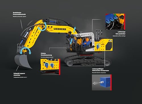 fischertechnik 576450 Liebherr R938 Excavadora Neumática – Kit de construcción Realista para niños Desde 10 años y Adultos, 689 Piezas, Amarillo