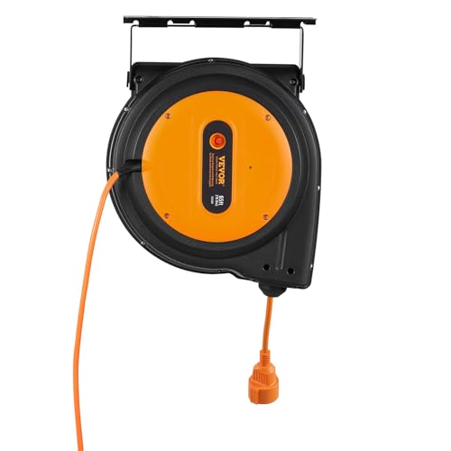 VEVOR Carrete de Cable de Extensión Retráctil 19 m 1600 W con Cable de Alimentación de 1 m Protección contra Sobrecalentamiento Carcasa de PP, Soporte Giratorio de 180° para Montaje en Techo, Pared