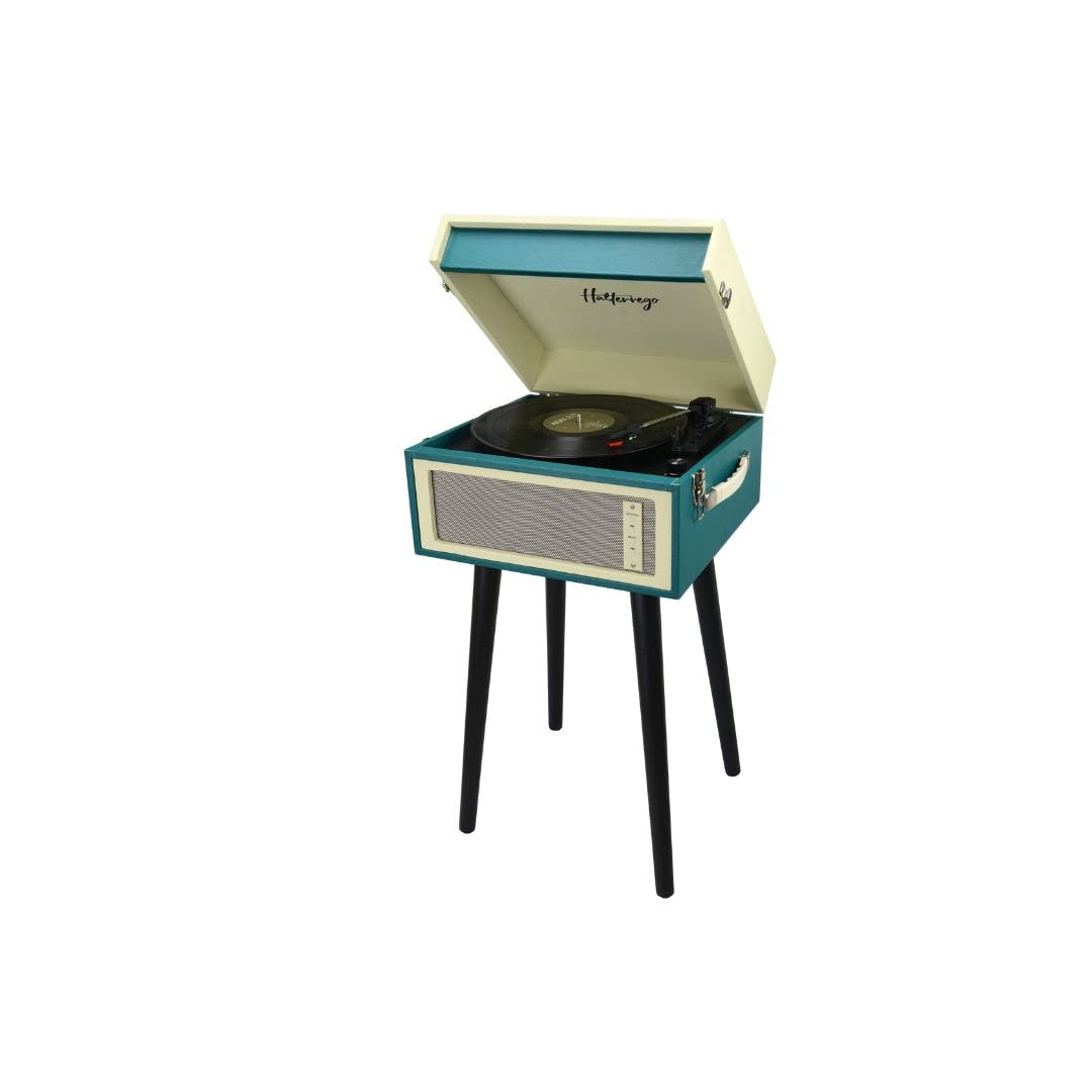 Platino de Vinilo Halterrego con 4 Patas de Madera extraíbles y HP integradas, RMS 2 x 5 W, RCA out, Aux in y Toma de Auriculares, BT in/out, lec y enrg USB, Azul Pato