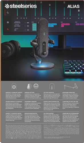 SteelSeries Alias Micro USB para PC — cápsula 3 Veces más Grande para Gaming, Streaming y pódcast — cancelación de Ruido por IA — Control de Silencio y Volumen por led — Soporte antivibraciones