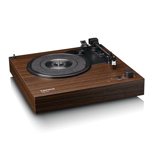 Lenco Tocadiscos LS-15WD – Recepción y transmisión Bluetooth®, 2 altavoces integrados, pastillas AT3600L, transmisión por correa, parada automática, 33/45 rpm, AUX y RCA, marrón