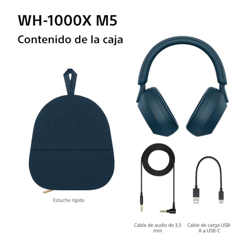 Sony WH-1000XM5 Auriculares de Diadema inalámbricos Premium con Noise Cancelling, Bluetooth, Llamadas, Hi-Res, 30 h de batería, Incluye Estuche rígido, iOS, Android - Azul Medianoche