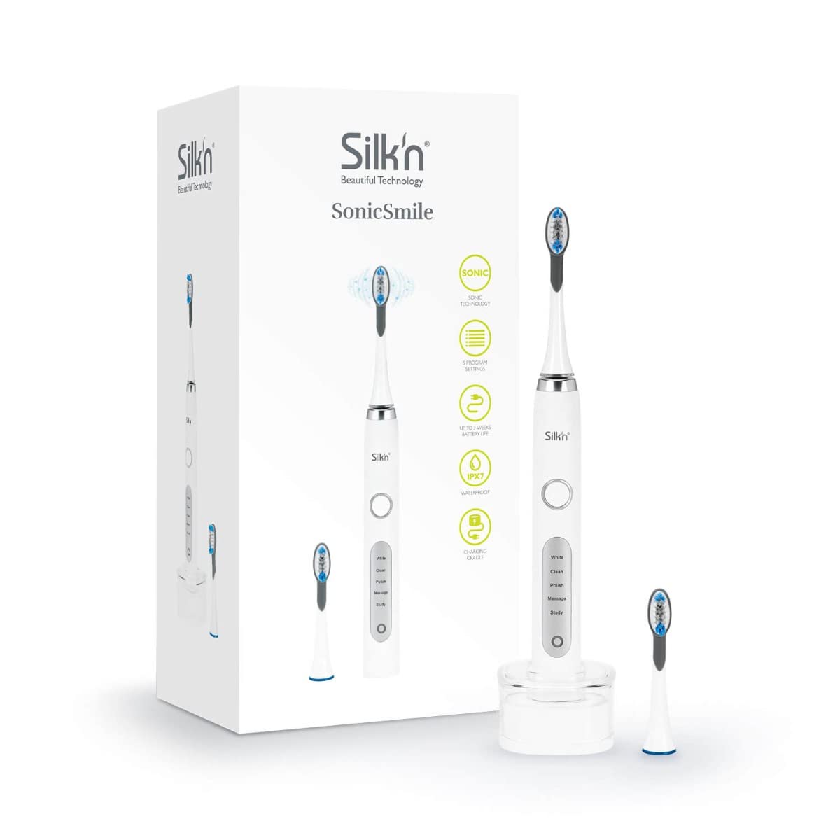 Silk'n Sonic Smile, Cepillo de dientes eléctrico con tecnología sónica, Resistente al agua, Cable USB, Blanco, SS1PEUW001