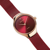 BERING 13326-Charity Reloj de cuarzo para mujer con caja de acero inoxidable de 26 mm con acabado en oro rosa y esfera roja, correa milanesa, cristal de zafiro y resistencia al agua de 3 ATM