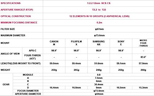 Samyang F1420509101 - Objetivo para vídeo VCSC-Mirrorless para Micro Cuatro Tercios (Distancia Focal Fija 12mm, Apertura T2.2-22 Cine NCS CS, diámetro Filtro: 67mm), Negro