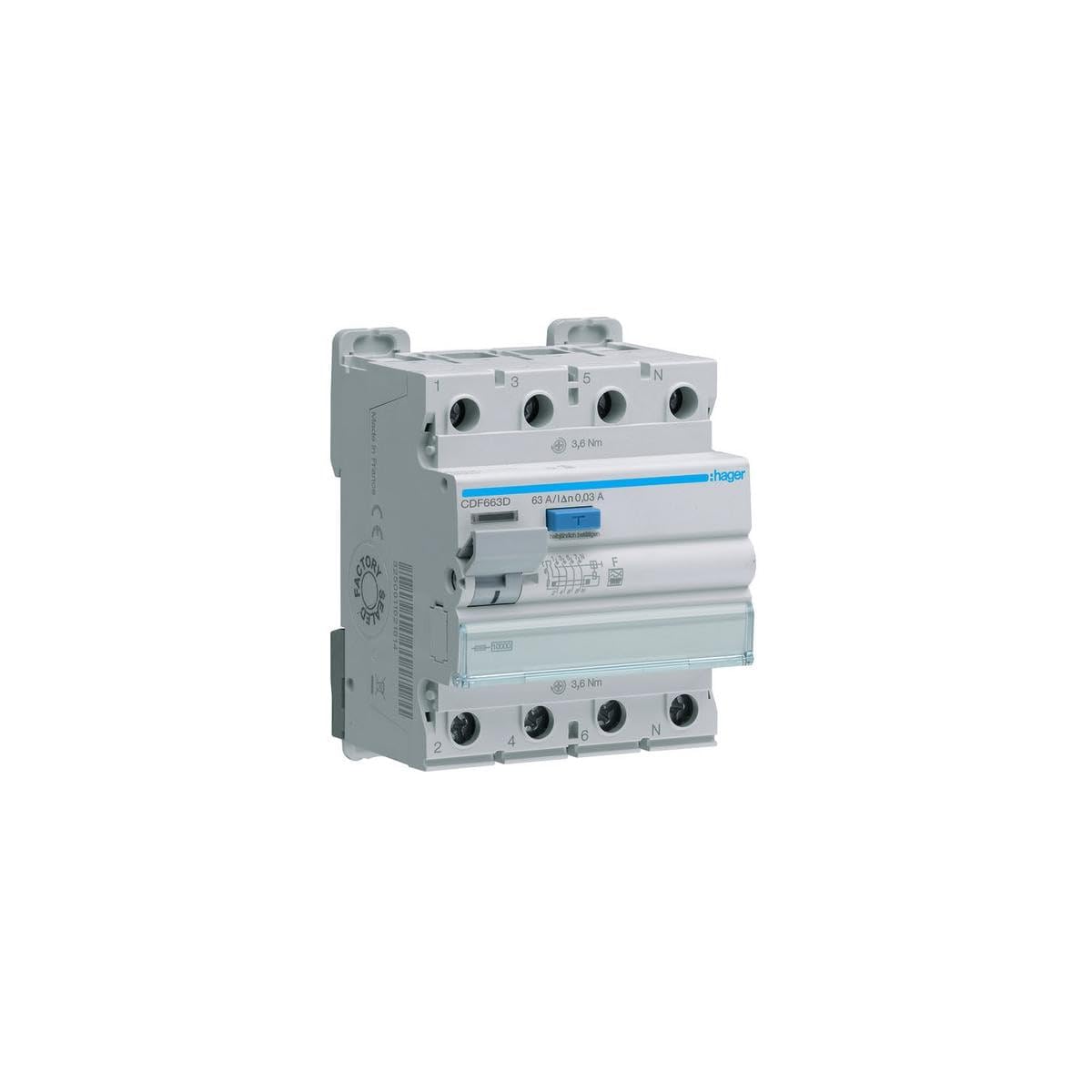 Hager CDF663D - Disyuntor FI, 4 polos, 63 A, 30 mA, tipo F