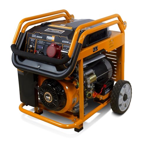 FEIDER Grupo Electrogénico Gasolina Trifásico 8500 W Tecnología AVR, Arranque Eléctrico, Motor 19 CV, Capacidad Tanque 25 L, Asa De Transporte, Kit De Ruedas Astillero – FG8500ES