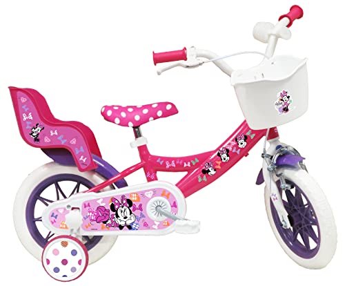 A.T.L.A.S. Bicicleta Infantil de 12 Pulgadas Minnie de Disney Equipada con 1 Freno, Cesta Delantera, Soporte para muñeca Trasera, Guardabarros + Casco Incluido niña, Niñas, Rosa, 12''