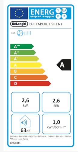 De'Longhi EM Series Pinguino Pac EM93K Silent, Aire Acondicionado Portátil Silencioso, 10.500 BTU/h, 90m3, 2.6 kW, 3 Velocidades, Gas R290, 1105 W, 90 Cubic_Feet, 63 Decibeles, White