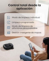 eufy Robot Aspirador Omni E28, Aspirador quitamanchas portátil, Sistema HydroJet, succión Turbo de 20.000 Pa, cepillos desenredantes DuoSpiral, Brazo CornerRover, estación Todo en uno.