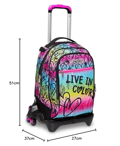 Seven Mochila con 3 Ruedas Trolley JACK-3WD - Colour Expression, Multicolor con Corazones - Mochila 3 en 1, Mochila Escolar con Carro, Crossover System - Bolso Escolar Niñas y Adolescentes