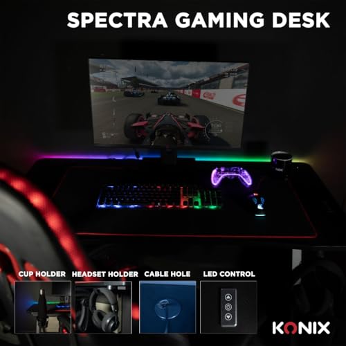Konix Escritorio Gaming Spectra 120 x 60 x 75 cm en Forma de Z - 30 Modos luz LED - Estructura metál - Portavasos - Soporte para Auriculares - Negro