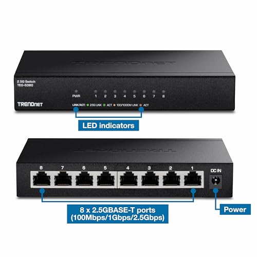TRENDnet, TEG-S380, Conmutador 2.5G no administrado de 8 Puertos, 8 Puertos 2.5GBASE-T, Capacidad de conmutación de 40 Gbps, retrocompatible con Dispositivos de 10-100-1000 Mbps, sin Ventilador