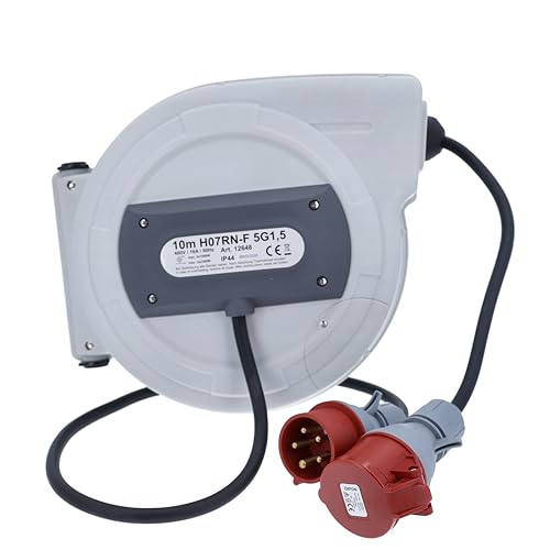 as - Schwabe CEE Carrete de cable retráctil automático 10 m H07RN-F 5G1,5-400V/16A/5 polo - Enrollador de manguera - 180° Giratorio - 1 m de cable de conexión - desmontable - para exterior, 12648