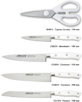 Arcos Set Cuchillos Forjados 5 piezas - Acero Inoxidable Nitrum. 3500 gr. Mango Ergonómico Polioximetileno POM. Serie Riviera Blanc. Hoja delgada con un Borde Suave característico. Color Blanco.
