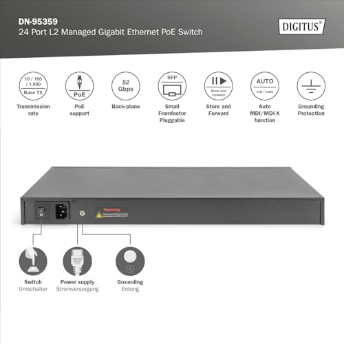 DIGITUS Conmutador de Red PoE Gigabit Gestionado de 27 Puertos - 24 Puertos RJ45 - 2 Puertos SFP - 1 Puerto de Consola - 450W PoE Presupuesto - Características L2 - 19 Pulgadas