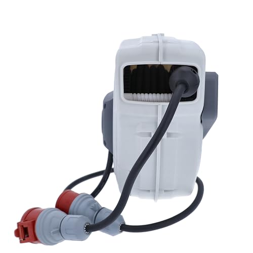 as - Schwabe CEE Carrete de cable retráctil automático 15 m H07RN-F 5G2,5-400V/16A/5 polo - Enrollador de manguera - 180° Giratorio - 1 m de cable de conexión - desmontable - para exterior, 12649