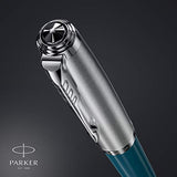 Parker 51 pluma estilográfica | cuerpo azul verdoso con adorno cromado | plumín fino con cartucho de tinta negra | estuche de regalo