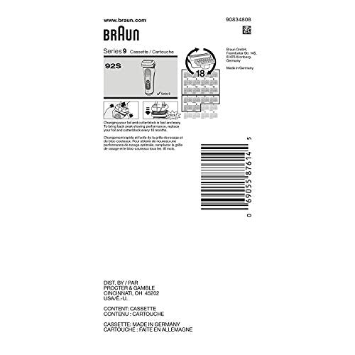 Braun, Series 9, Cabezal de repuesto para afeitadora eléctrica 92S, compatible con todas las maquinillas de afeitar eléctricas Series 9, 9290cc, 9291cc, 9370cc, 9293s, 9385cc, 9390cc, 9330s y 9296cc