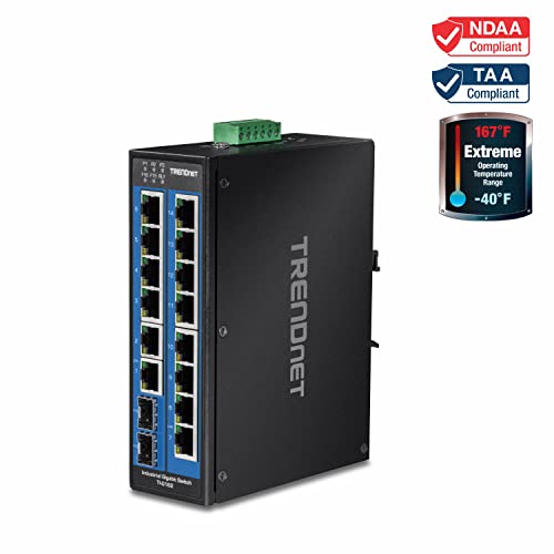 TRENDnet, TI-G162, Switch DIN-Rail Gigabit Industrial de 16 Puertos, 14 Puertos Gigabit, 2 Ranuras SFP Gigabit, Capacidad de conmutación de 32 Gbps