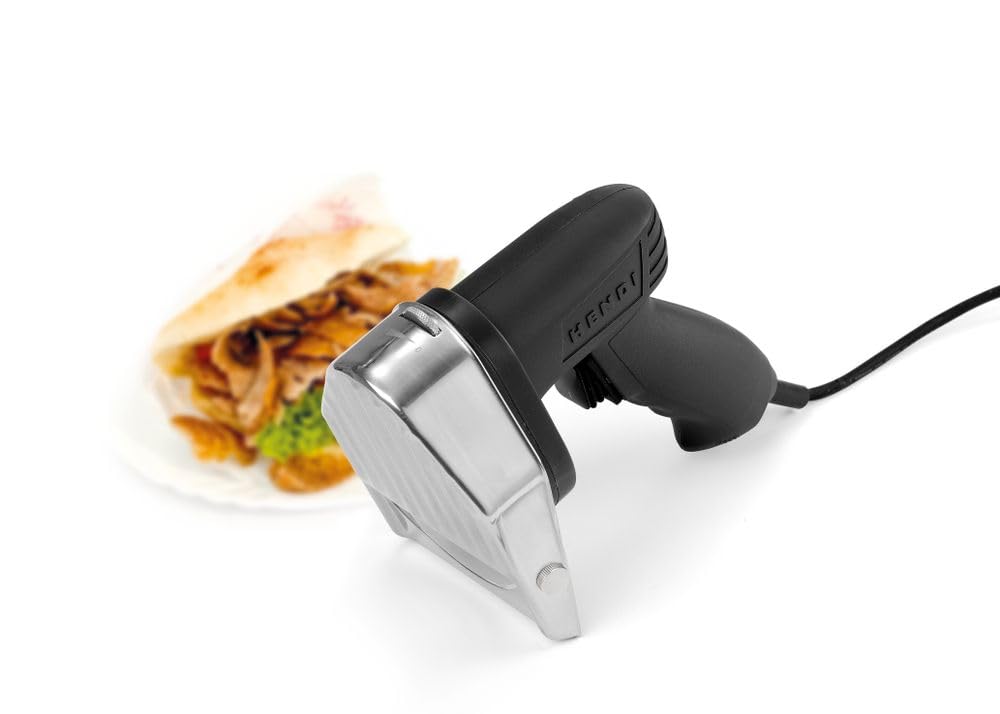 HENDI Cortador eléctrico para kebab, shawarma, gyros, corte ajustable 0-8mm, cuchilla: 2600 rpm, cuchillo eléctrico profesional para cortar carne, 80W, 60kg/h, 230V, 202x125x(H)182mm, acero inoxidable