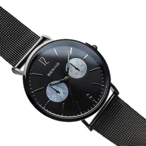 BERING 14236-123 Reloj de cuarzo para mujer de 36 mm con caja de acero inoxidable con acabado negro y esfera negra, correa milanesa, cristal de zafiro y resistencia al agua de 3 ATM