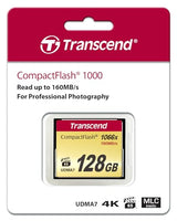 Transcend 128GB CompactFlash 1000 Memory Card, hasta 160/120 MB/s, Suitable para grabación de Video en resolución Ultra Alta Full HD, 3D y 4K UHDTV TS128GCF1000
